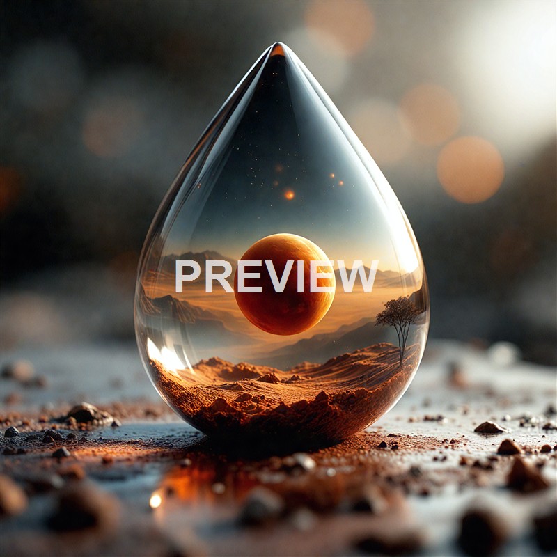 A surreal image of a glass teardrop-shaped container reflecting a landscape with mountains, a lone tree, and a planet or moon floating in the sky, with a blurred, dark background.